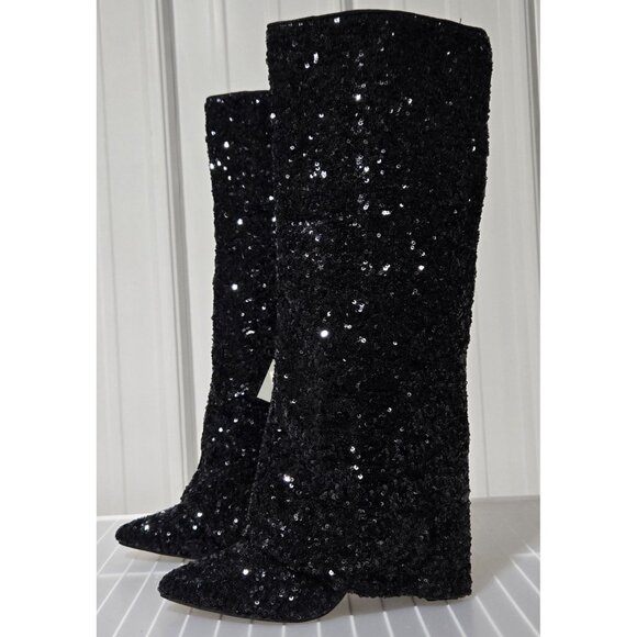 A New Day Abba Black Sequin Covered Foldover Knee High Evening Boots - Picture 2 of 9